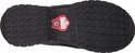 Zool van zwarte Skechers werkschoen met grof profiel en rode 'Skechers Work' sticker.