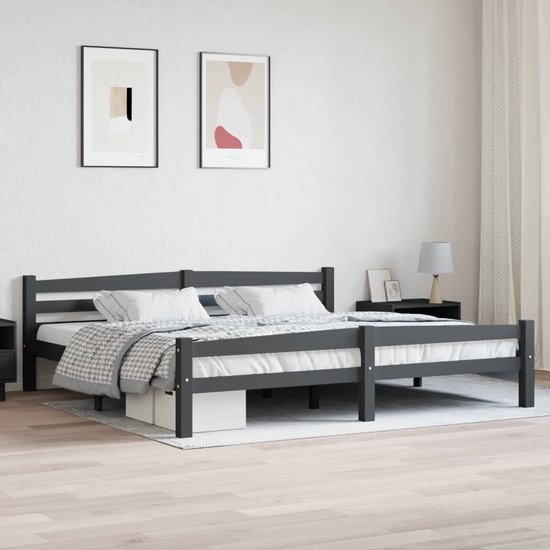 The Living Store Houten Bedframe - Donkergrijs - 206 x 206 x 66 cm - Massief grenenhout - Montage vereist