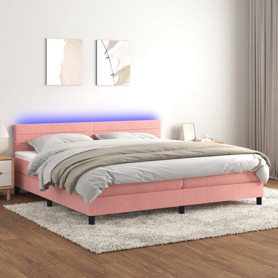 The Living Store Boxspring Bed - Fluweel - LED - Pocketvering - Topmatras - Roze - 203 x 200 x 78/88 cm