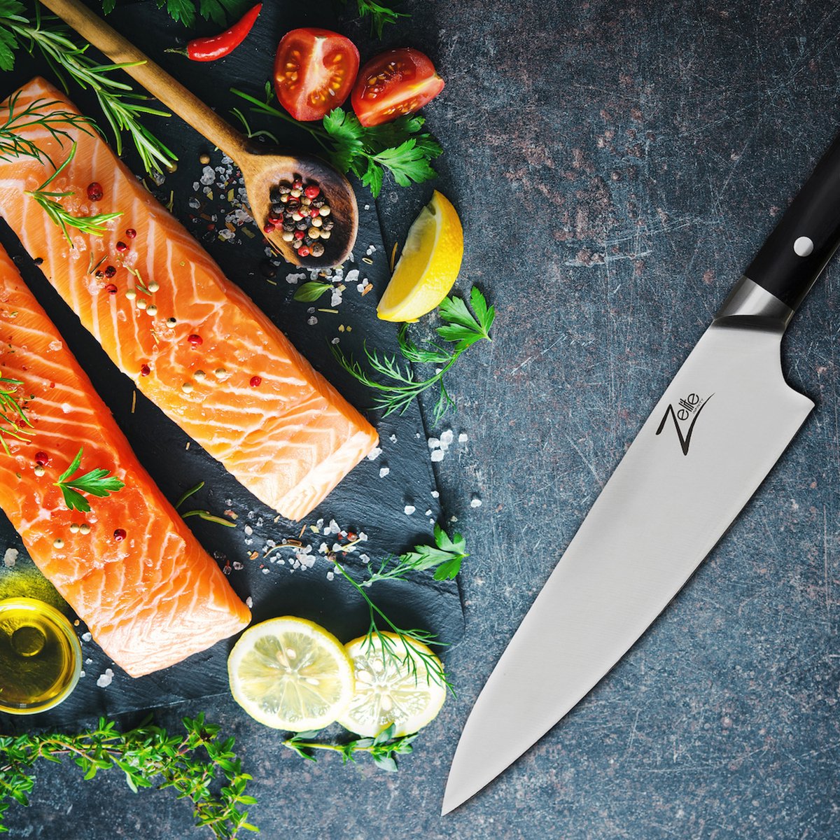 Zelite Damastmes set, Scherp keukenmes & etui, 20,3 cm Japans mes voor thuis & horeca, Profi Santoku mes scherp, Damast koksmes, Damastmes met leren etui en pakkahoutgreep