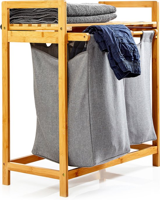 Station de lavage Blumfeldt - Panier à linge - Trieur de linge - Boîte à linge - 2 sacs amovibles - 64 x 73 x 33 cm - bambou & coton