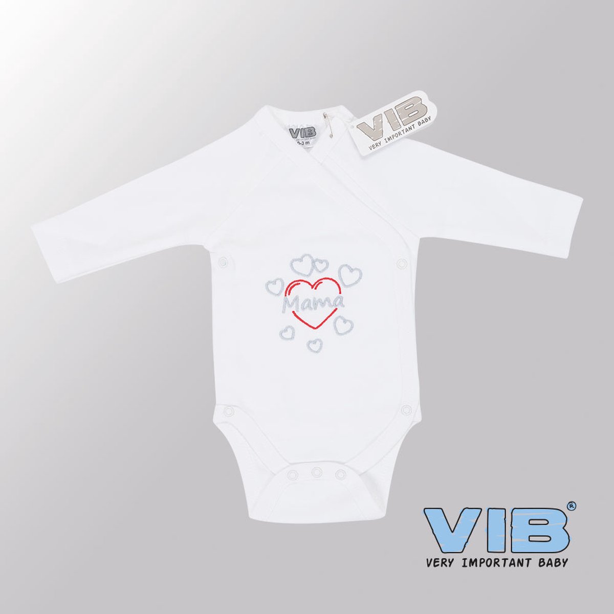 VIB® - Rompertje (overslag) Luxe Katoen - Mama Hartjes (Wit) - Babykleertjes - romper - rompertjes - rompertjes met tekst - baby cadeau - baby aankondiging - overslagromper