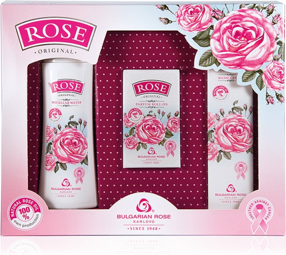 Rose Original Gift set | Cadeauset - micellair water + handcrème + parfum roll-on | Rozen cosmetica met 100% natuurlijke Bulgaarse rozenolie en rozenwater | Moederdag cadeau