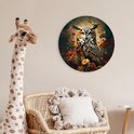 Cercle mural rond avec une image détaillée d'un hibou des marais au milieu de fleurs colorées aux teintes d'automne.