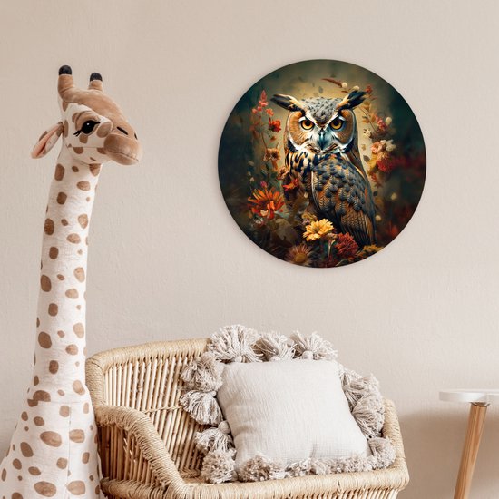 Cercle mural rond avec une image détaillée d'un hibou des marais au milieu de fleurs colorées aux teintes d'automne.