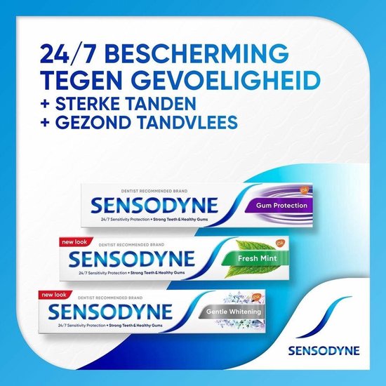 Dentifrice Sensodyne : Protection Gencives, Menthe Fraîche et Blanchiment Doux.