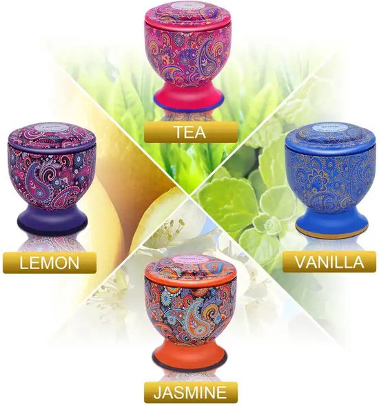 Kaars - Geurkaarsen - Geschenkset van 4 - Model A - 100% Soja in ijzeren glazen - Rookloos - 4 verschillende geuren - 4 Verschillende Kleuren - Aromatherapie Kaars - Cadeau - Decoratie - Sham's Art