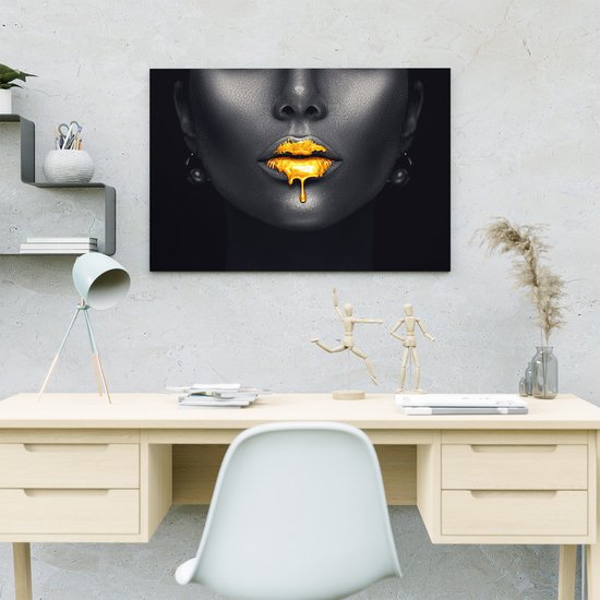 Artaza Canvas Schilderij Vrouw met Gouden Lippen - 60x40 - Foto Op Canvas - Canvas Print