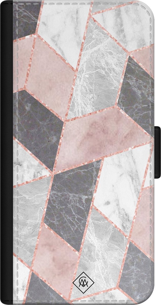 Casimoda® bookcase - Geschikt voor iPhone 12 Mini - Hoesje met pasjeshouder - Stone grid marmer / Abstract marble - Roze - Kunstleer