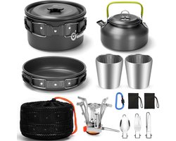 Camping kookgerei set voor 1-2 personen, camping kookset met draagbare aluminium pot, theepot, bekers en inklapbaar bestek, outdoor kookgerei voor kamperen, picknicken en wandelen.