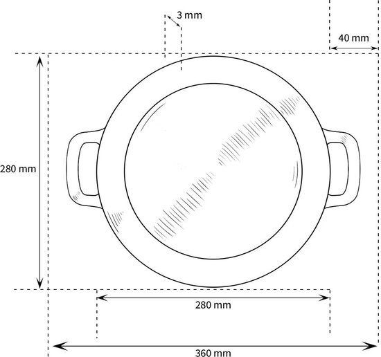 Technische tekening van een ronde braadpan met afmetingen in mm.