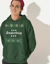 Amsterdam Kerst Hoodie Groen Logo Snowy Trees - Maat L - Uniseks Fit - Kerstkleding Voor Dames & Heren