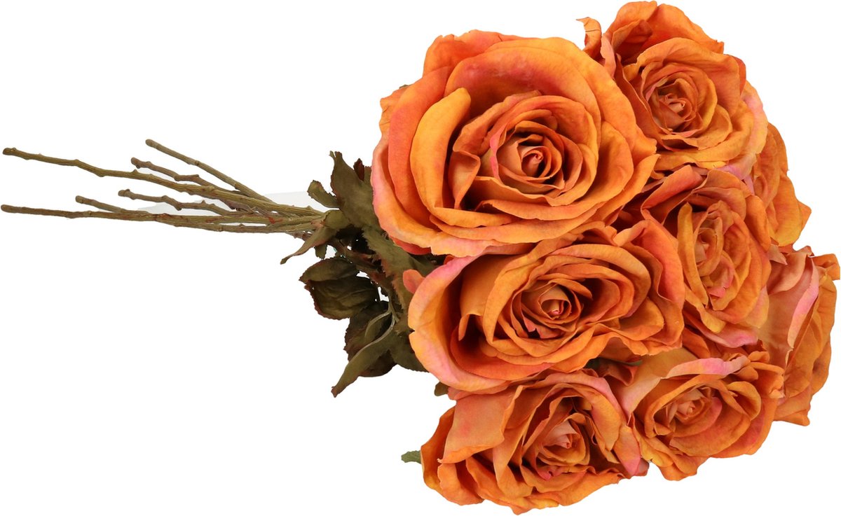 Top Art Kunstbloemen boeket roos Calista - 8x - oranje - 66 cm - kunststof steel - decoratie bloemen