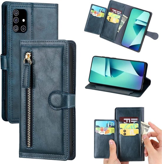 Etui LuxeBass adapté au Samsung Galaxy A22 5G - Etui livre - Blauw - Etui portefeuille Vintage avec fermeture éclair - Etui pour téléphone - Etui pour téléphone portable - Etuis pour téléphone