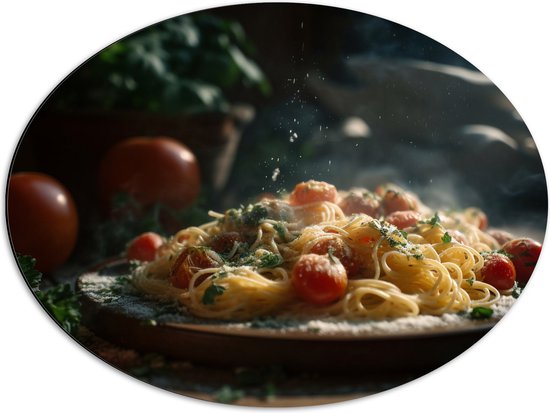 Dibond Ovaal - Spaghetti - Tomaten - Kaas - Eten - Bord - 68x51 cm Foto op Ovaal (Met Ophangsysteem)