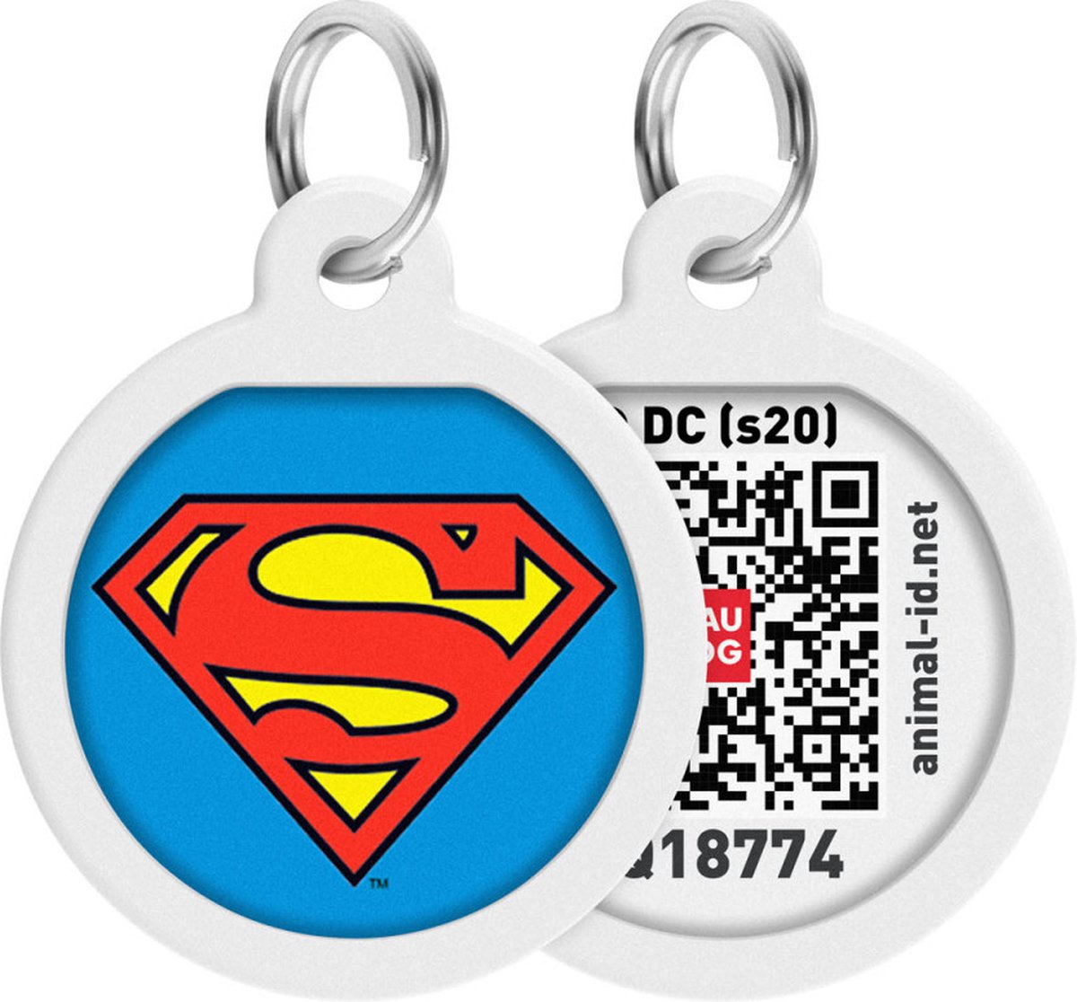 WAUDOG Superman Hero QR Pet Tag / Hondenpenning - Stainless steel - 25 mm - Blauw-Rood-Geel - Gratis App - WAUDOG