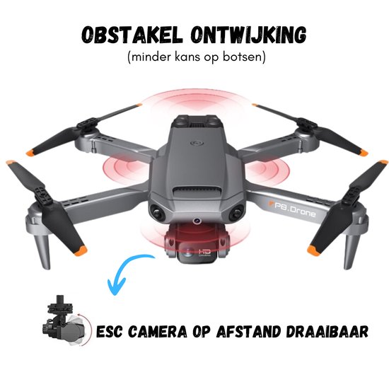 SefSay P8 Drone Zwart - Drone met dubbele camera - Obstakel ontwijking - Drones - drone voor kinderen - Drones met camera voor volwassenen - Inclusief opbergtas en 2 accu's