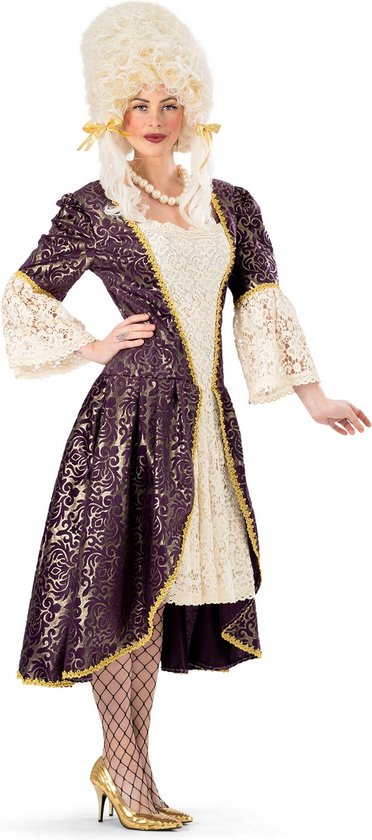 Funny Fashion - Middeleeuwen & Renaissance Kostuum - Deftige Baroque Bernadette - Vrouw - Bruin, Wit / Beige - Maat 36-38 - Carnavalskleding - Verkleedkleding