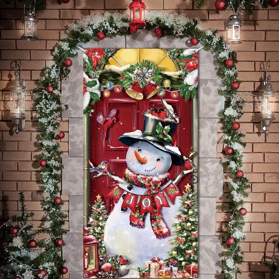 Bonhomme de neige de Noël, porte, bannière, décoration, Noël, porte,  couverture, fond