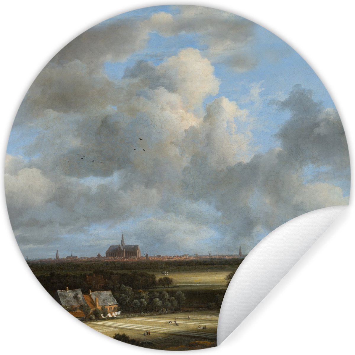 WallCircle - Muurstickers - Behangcirkel - Gezicht op Haarlem met bleekvelden - Schilderij van Jacob van Ruisdael - 100x100 cm - Muurcirkel - Zelfklevend - Ronde Behangsticker XXL