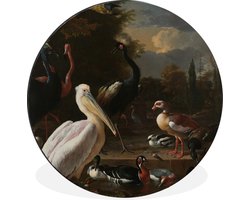 WallCircle - Wandcirkel - Muurcirkel - Een pelikaan en ander gevogelte bij een waterbassin - Schilderij van Melchior d'Hondecoeter - Aluminium - Dibond - 60x60 cm - Binnen en Buiten