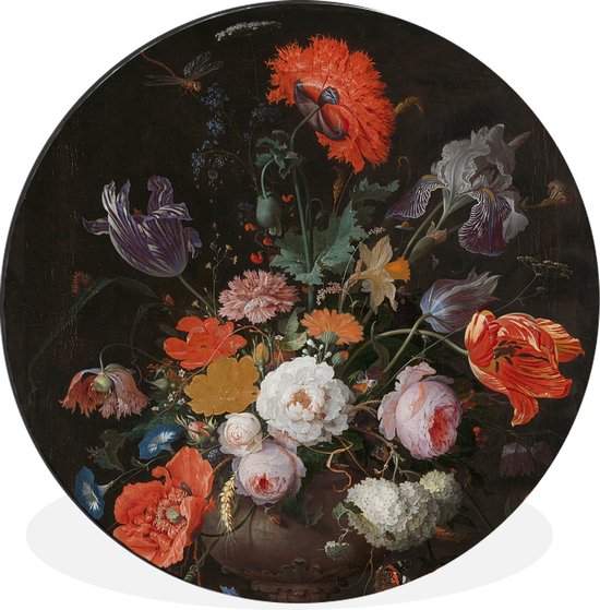 WallCircle - Wandcirkel - Muurcirkel - Stilleven met bloemen en een horloge - Schilderij van Abraham Mignon - Aluminium - Dibond - ⌀ 30 cm - Binnen en Buiten