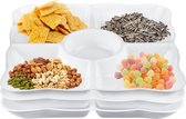 Snackborden met vakken, 3 stuks, wit, snackdienblad met 5 vakken, herbruikbaar, kunststof, snackdienblad voor snacks, noten, desserts, fruit, snackdienblad (22 cm)