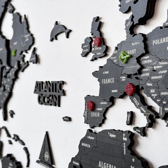 IWA Concept - Wereldkaart 3D en bois - Décoration murale - Wereldkaart - Panneau mural en bois - Accessoires de vêtements pour bébé de bureau - Cadeau de pendaison de crémaillère - Décoration murale - Medium - 100x54 CM