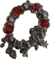 Bracelet avec Charms - Libellule/FeuillesÉtoile de mer/cloches - Perles de Verres - Élastique - Argent/ Rouge - Style Ibiza/ Boho - Taille unique