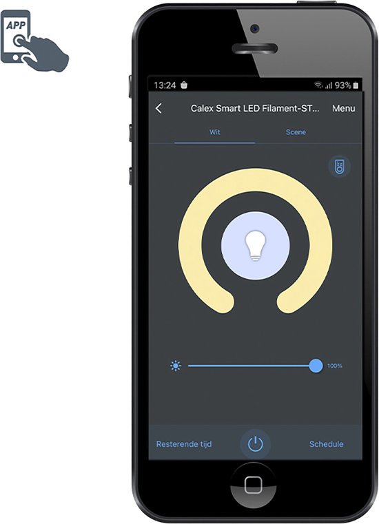 Smartphone met een app voor het bedienen van een slimme lamp. De app toont een dimbare cirkel en instellingen.