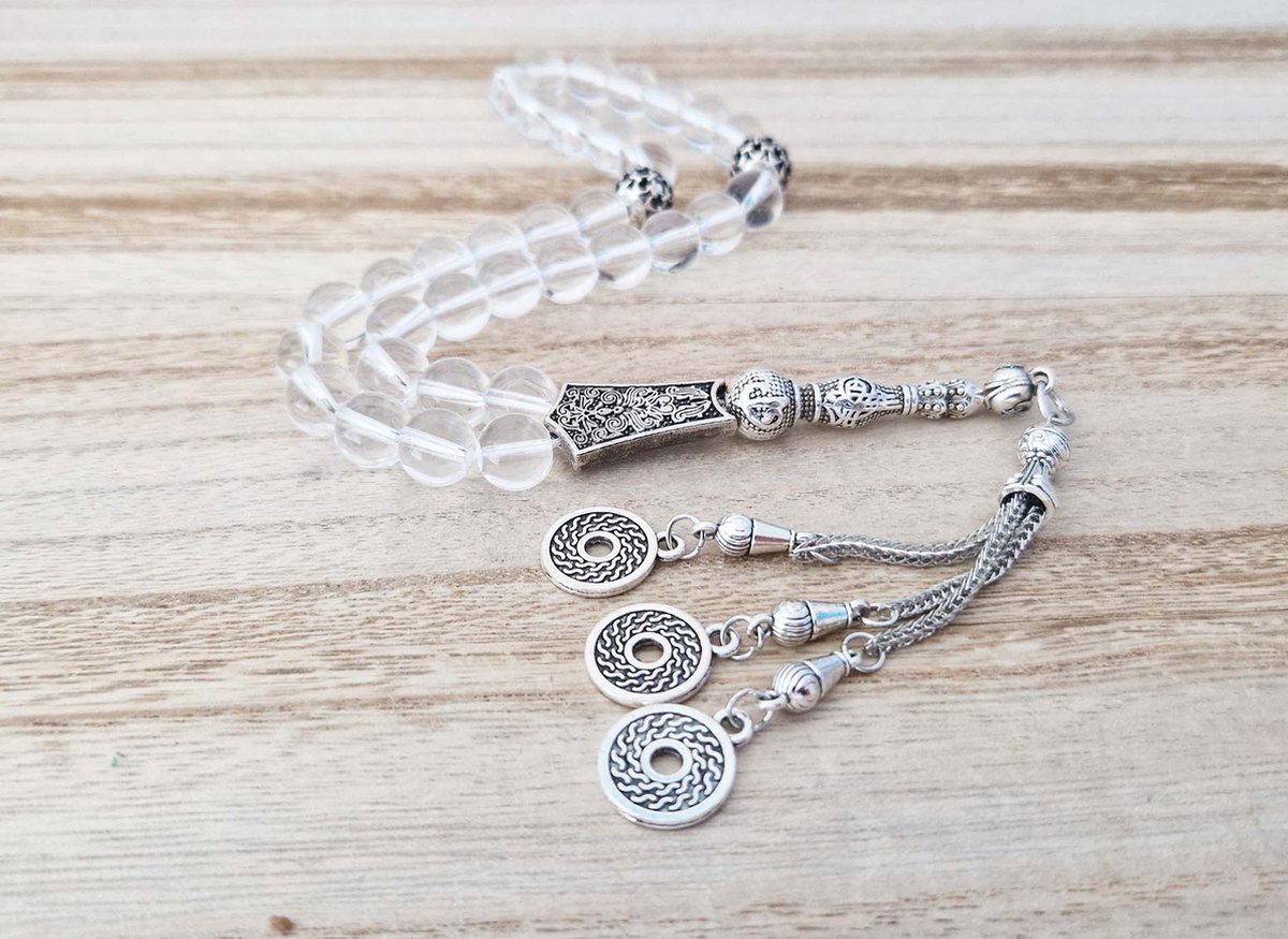 Handgemaakte tasbih 33 Kralen Natuursteen “Bergkristal ” – Tasbeeh 10 mm diameter van de korrel met tassel “model6