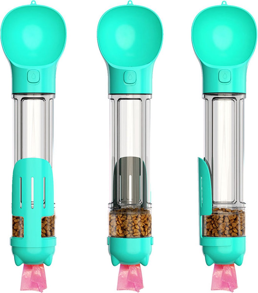 Drinkbak hond - Waterfles - Voerbak - Poepschepje - Poepzakhouder - Turqouise - 500ml inhoud - Waterbak - Voerbak - honden - Voor onderweg - Draagbare drinkbak