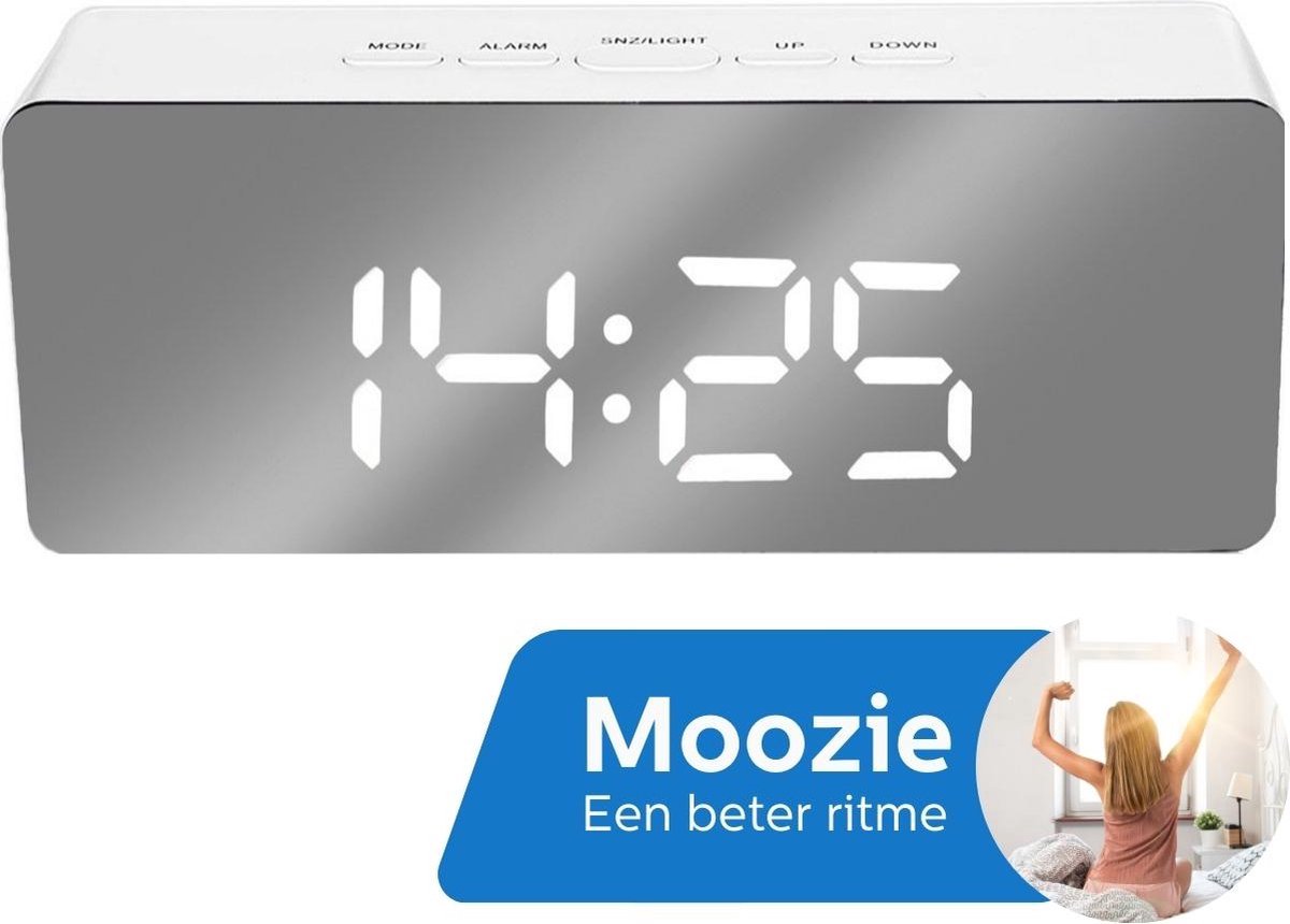 Moozie Wekker - Digitale Wekker voor Slaapkamer - Digitale Klok LED - Wekker Digitaal - Duurzaam - Inclusief USB-Kabel - Wit