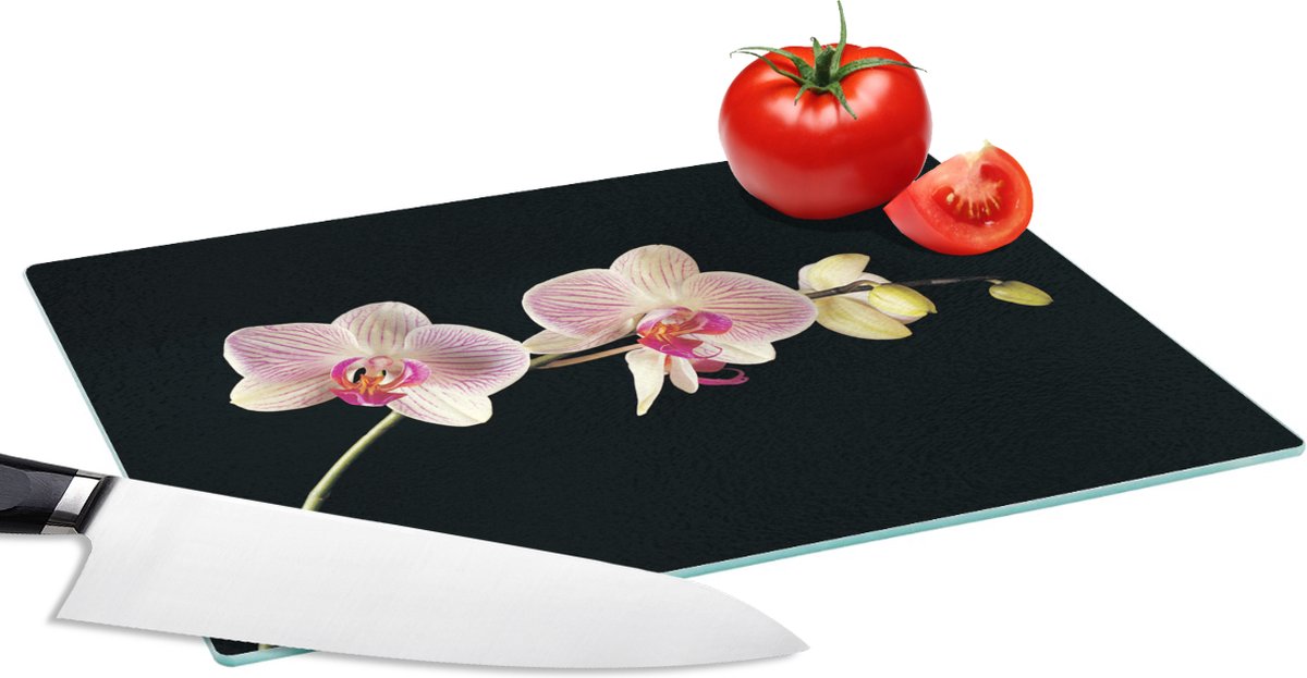 Glazen Snijplank - 28x20 - Orchidee - Bloemen - Zwart - Roze - Knoppen - Snijplanken Glas