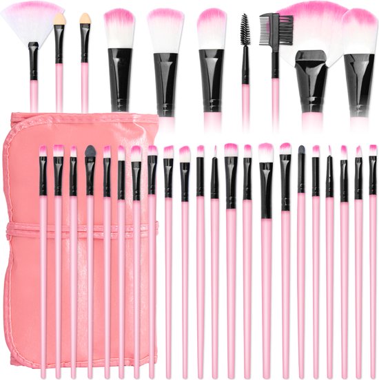 Evvie® Professionele Make-up Kwasten in Luxe Etui - Kwastenset - Roze - 32 stuks