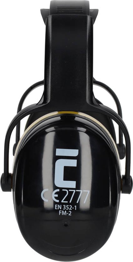Zwarte gehoorkappen met CE 2777 en EN 352-1 FM-2 markeringen.