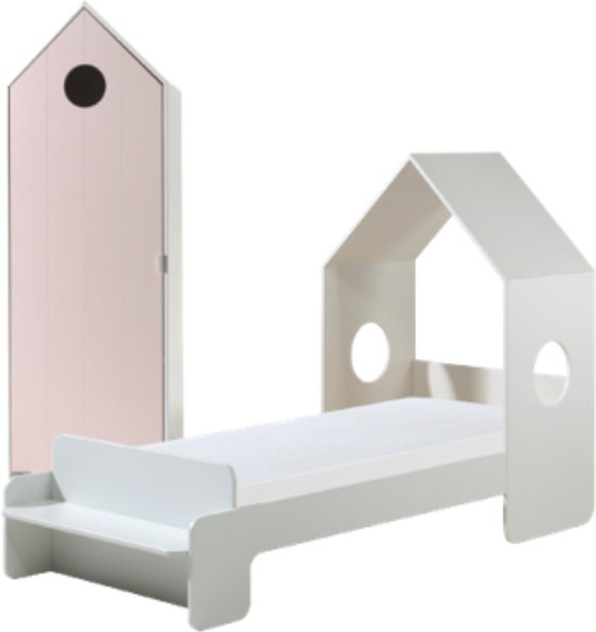 Vipack Bed Casami met 1-deurs kast - 90 x 140 cm - wit/roze