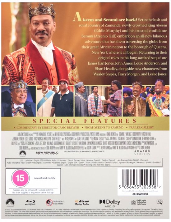 Achterkant Blu-ray van 'Coming 2 America' met Eddie Murphy, tekst en een collage van castleden in verschillende kostuums.