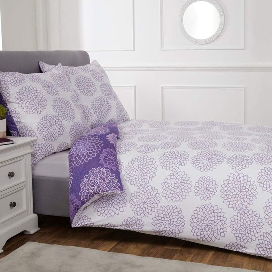 Set de lit géométrique Spiro Floral, Ultra douce, facile d'entretien, Hypoallergenic, imprimé White , réversible, 135 x 200 cm + 1 taie d'oreiller 80 x 80 cm, violet