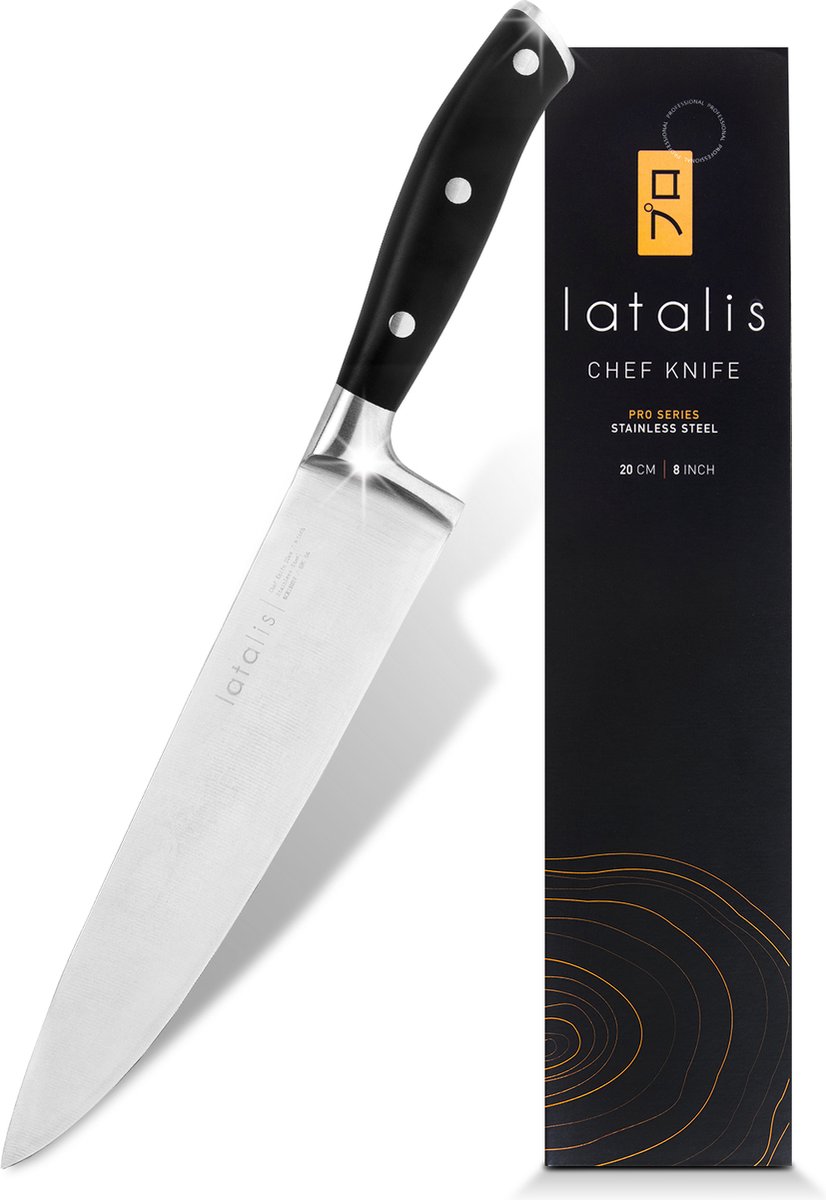 Latalis Pro Serie Koksmes 20 cm - Keukenmes - RVS - Vlijmscherp chef mes voor in de keuken met Giftbox