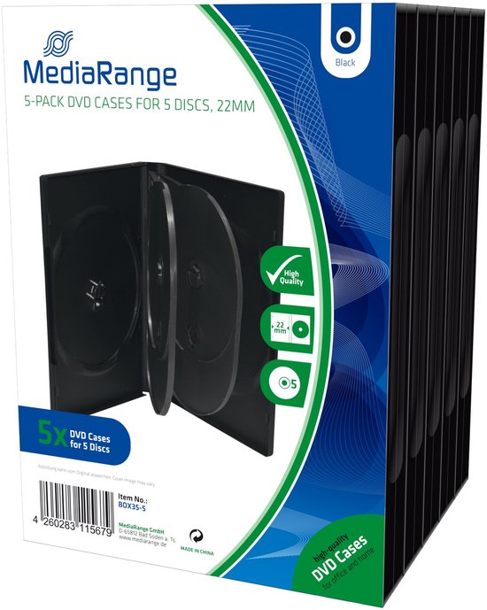 Verpakking van 5 zwarte MediaRange DVD-hoesjes voor 5 schijven, 22mm dik.