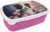 Broodtrommel Roze - Lunchbox Hond - Bloemen - Natuur - Puppy - Bordercollie - Brooddoos 18x12x6 cm - Brood lunch box - Broodtrommels voor kinderen en volwassenen