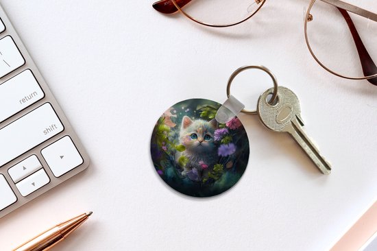 Porte-clés rond - Chat avec fleurs - Porte-clés en plastique - Cadeaux filles - Cadeaux filles - Gâterie pour Chats