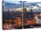 Artaza Canvas Schilderij Tweeluik Amsterdam Centrum Luchtfoto Zonsondergang - 180x120 - Groot - Foto Op Canvas - Canvas Print