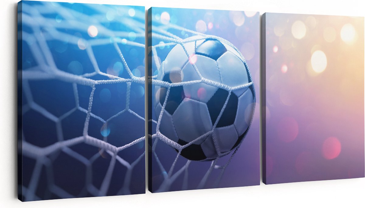 Artaza Canvas Schilderij Drieluik Voetbal Bal Door Het Goal Heen - 180x80 - Groot - Foto Op Canvas - Canvas Print