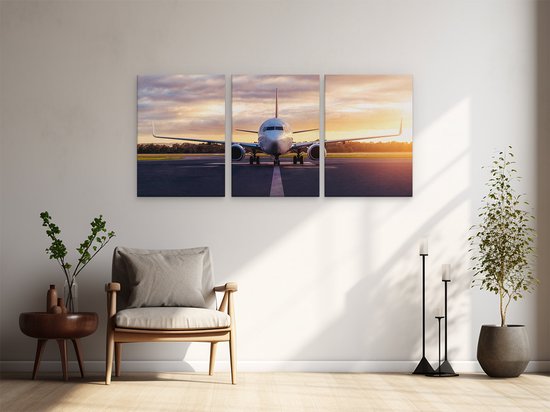 Artaza Peinture sur toile Triptyque Avion sur la piste - 180x80 - Groot - Photo sur toile - Impression sur toile