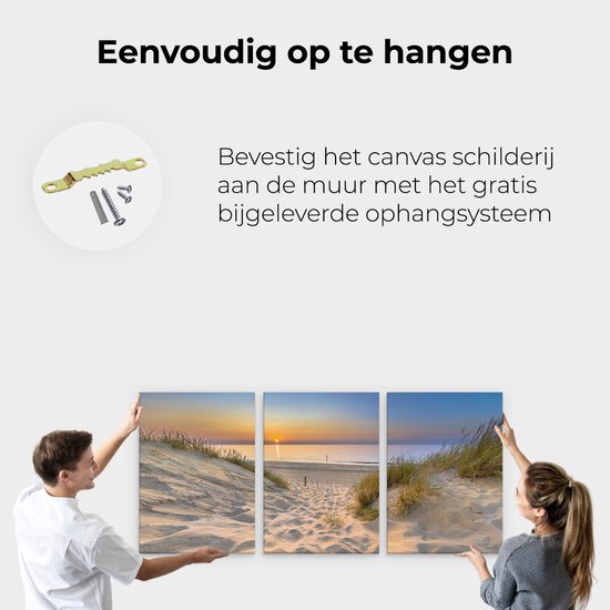 Illustration du système de suspension pour le triptyque de plage au coucher du soleil. Un couple accroche les peintures.