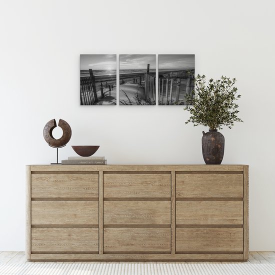 Artaza Peinture sur Toile Triptyque Plage et Mer depuis les Dunes avec Coucher de Soleil - Wit Zwart - 90x40 - Photo sur Toile - Impression sur Toile