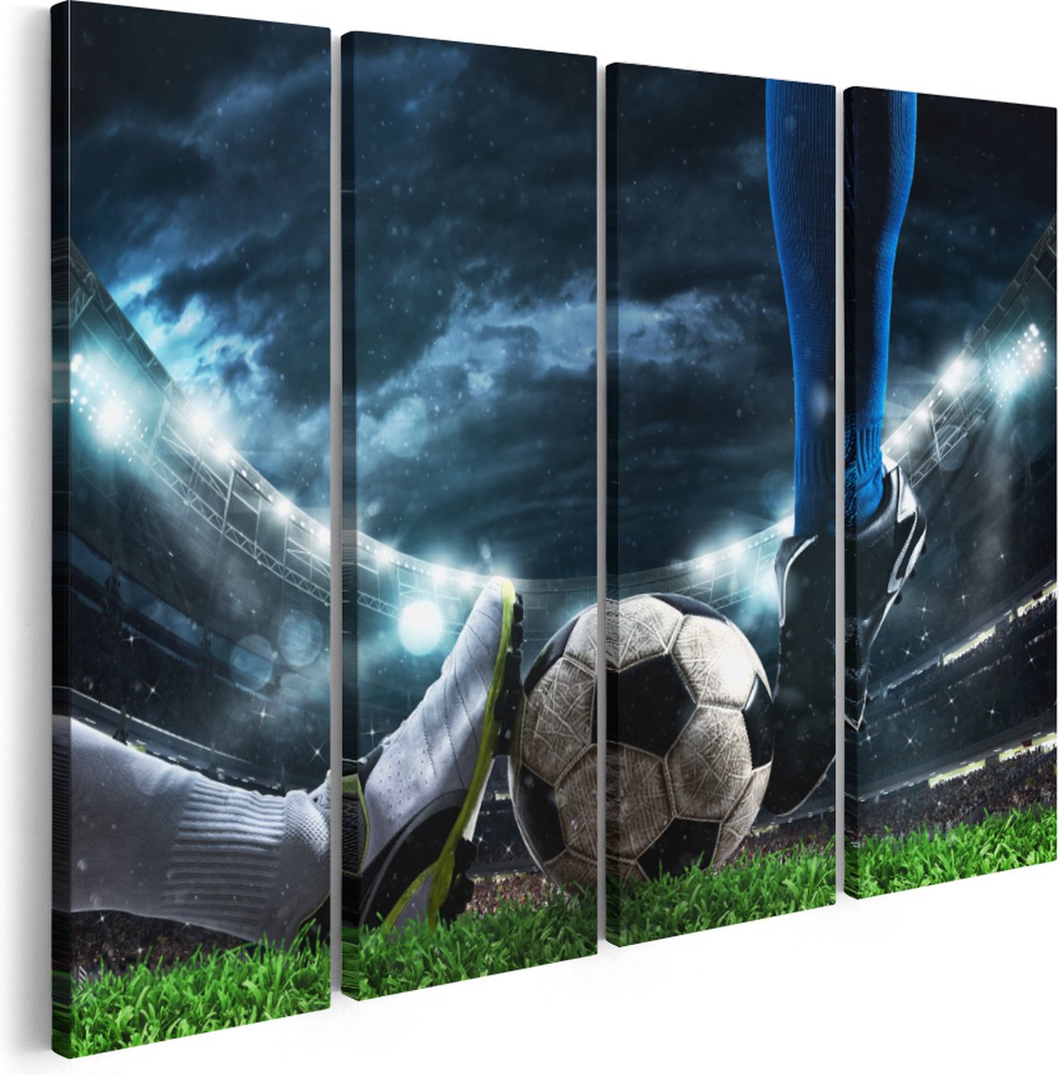 Artaza Canvas Schilderij Vierluik Voetbal Sliding Op De Bal In Het Stadion - 160x120 - Groot - Foto Op Canvas - Canvas Print