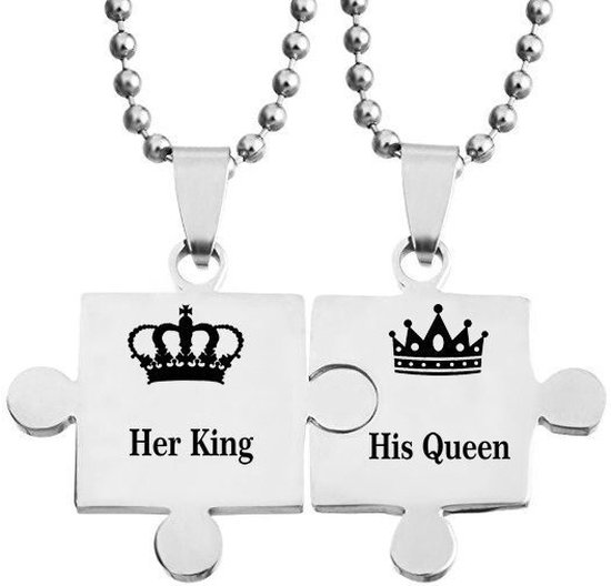 His Queen & Her King Puzzelstukken Ketting Set (Zilver kleurig) - Romantisch Liefdes Cadeau - Mannen Cadeautjes - Cadeau voor Man